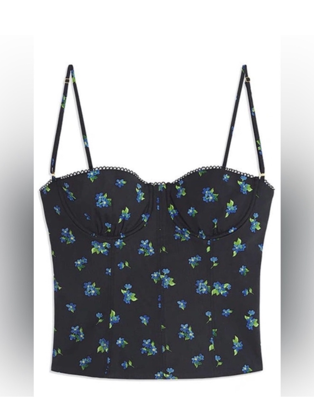 WeWoreWhat Black Floral Bustier Top with Blue & Green Flowers